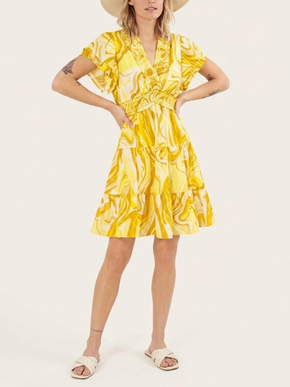 HALE BOB Yellow Printed Smocked Waist Bust Flutter Sleeve Dress Small MSRP $288